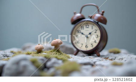 A serene miniature scene showcasing an antique alarm clock beside tiny mushrooms growing on moss-covered rocks time nature balance peaceful quaintness 128521602