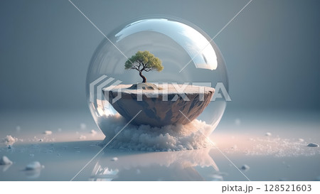 A serene depiction of nature's resilience a solitary tree nestled within a protective snow globe symbolizing environmental awareness and the delicate balance of our planet providing reflection and hop 128521603