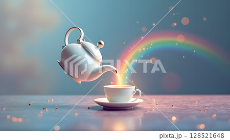 Whimsical tea time concept featuring a teapot pouring a rainbow into a cup creating magical realism, showcasing the charm of surrealism and enchantment Whimsical tea time concept featuring a teapot pouring a rainbow into a cup creating magical realism, showcasing the charm of surrealism and enchantment 128521648
