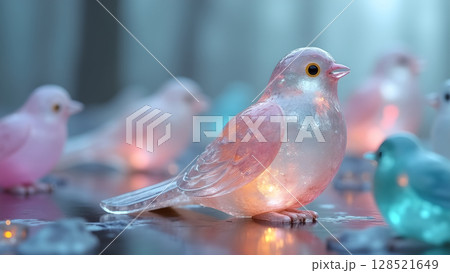Delicate glass bird figurines illuminated with soft internal glows create a whimsical and dreamlike atmosphere for enchanting home decor collection 128521649