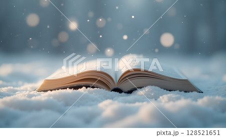 Open book covered in snow on a cold winter day evoking the magic of storytelling and imagination in a winter wonderland setting 128521651