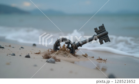 A vintage key lies half-buried in the sand on a beach with waves crashing symbolizing lost and found treasures near the ocean shores 128521652