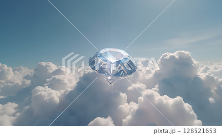 A luminous diamond suspended amidst fluffy white clouds under a bright blue sky create an ethereal and dreamy scenery as if floating in heaven A luminous diamond suspended amidst fluffy white clouds under a bright blue sky create an ethereal and dreamy scenery as if floating in heaven 128521653