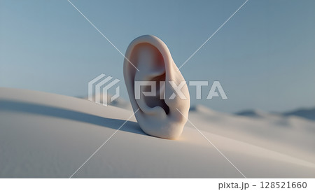 Surreal auditory landscape featuring a human ear standing prominently in a vast white desert against a pale blue sky representing sensory perception 128521660
