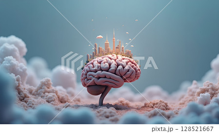 Conceptualization of ideas through creativity in human brain, urban development, innovation, knowledge, and intellectual growth represents by brain with cityscape on top and cloudscape as background 128521667