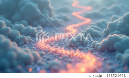 Dreamy cloudscape with a glowing trail of light weaving through a pastel ethereal sky, resembling a divine path or celestial pathway in the heavens 128521668
