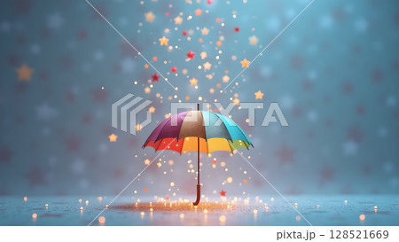 A vibrant multicolored umbrella stands beneath a shower of sparkling stars creating a whimsical and magical ambiance that evokes feelings of wonderment and joy full protection 128521669