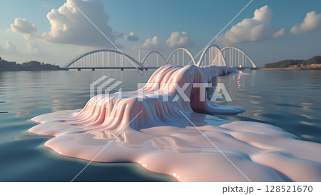 Surreal landscape with draped fabric over water leading to bridges creates a dreamlike and artistic visual experience provoking contemplation of boundaries and altered realities 128521670