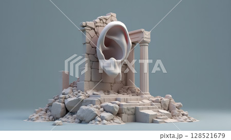 Surreal auditory art installation featuring a giant ear sculpture integrated into the ruins of an ancient Greek building evoking philosophical contemplation Surreal auditory art installation featuring a giant ear sculpture integrated into the ruins of an ancient Greek building evoking philosophical contemplation 128521679