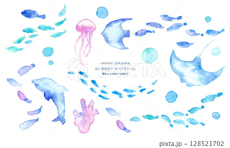 水彩画。水彩タッチの海の生き物フレーム。夏の生き物ベクターイラスト。海。バカンス。水中フレーム背景。 水彩画。水彩タッチの海の生き物フレーム。夏の生き物ベクターイラスト。海。バカンス。水中フレーム背景。 128521702