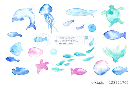 水彩画。水彩タッチの海の生き物フレーム。夏の生き物ベクターイラスト。海。バカンス。水中フレーム背景。 128521703