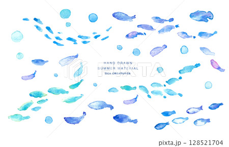 水彩画。水彩タッチの海の生き物フレーム。夏の生き物ベクターイラスト。海。バカンス。水中フレーム背景。 128521704
