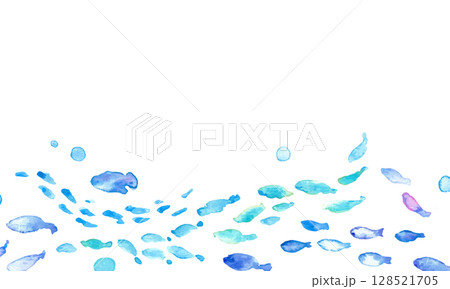 水彩画。水彩タッチの海の生き物フレーム。夏の生き物ベクターイラスト。海。バカンス。水中フレーム背景。 128521705