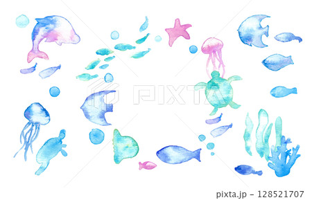 水彩画。水彩タッチの海の生き物フレーム。夏の生き物ベクターイラスト。海。バカンス。水中フレーム背景。 128521707