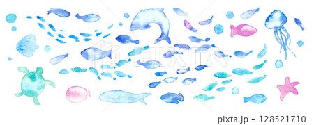 水彩画。水彩タッチの海の生き物フレーム。夏の生き物ベクターイラスト。海。バカンス。水中フレーム背景。 128521710