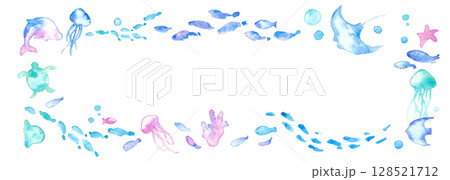水彩画。水彩タッチの海の生き物フレーム。夏の生き物ベクターイラスト。海。バカンス。水中フレーム背景。 128521712