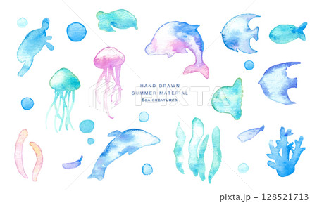 水彩画。水彩タッチの海の生き物フレーム。夏の生き物ベクターイラスト。海。バカンス。水中フレーム背景。 128521713