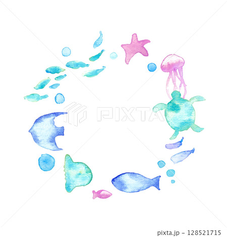 水彩画。水彩タッチの海の生き物フレーム。夏の生き物ベクターイラスト。海。バカンス。水中フレーム背景。 128521715