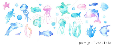 水彩画。水彩タッチの海の生き物フレーム。夏の生き物ベクターイラスト。海。バカンス。水中フレーム背景。 水彩画。水彩タッチの海の生き物フレーム。夏の生き物ベクターイラスト。海。バカンス。水中フレーム背景。 128521718