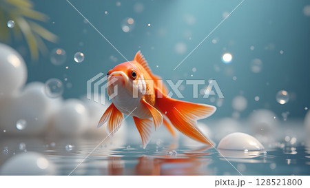 Elegant goldfish swimming gracefully in crystal clear water among shimmering bubbles with a peaceful blue gradient background creating a magical aquatic ambiance Elegant goldfish swimming gracefully in crystal clear water among shimmering bubbles with a peaceful blue gradient background creating a magical aquatic ambiance 128521800