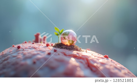 Symbolic representation of life's resilience with a tiny plant sprouting from soil with a globe resting atop depicting environmental sustainability and growth towards a green future Symbolic representation of life's resilience with a tiny plant sprouting from soil with a globe resting atop depicting environmental sustainability and growth towards a green future 128521801