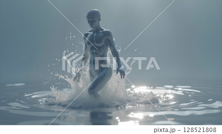 Elegant chrome figure emerging from the water, creating a beautiful splash effect, glistening under soft light, embodying strength, serenity and the fusion of art and nature 128521808
