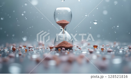 Dramatic hourglass display highlighting the passage of time with falling water droplets and scattered grains, creating a reflective surface and focusing on impermanence Dramatic hourglass display highlighting the passage of time with falling water droplets and scattered grains, creating a reflective surface and focusing on impermanence 128521816