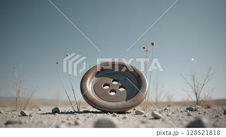 Surreal desert landscape featuring a large, weathered button casting a shadow on the arid ground, evoking themes of abandonment and forgotten purposes under a clear sky Surreal desert landscape featuring a large, weathered button casting a shadow on the arid ground, evoking themes of abandonment and forgotten purposes under a clear sky 128521818