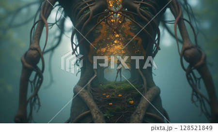 Surreal depiction of nature's embrace where a woman stands within the heart of a giant tree, embodying connection and wonder amid a mystic forest scene Surreal depiction of nature's embrace where a woman stands within the heart of a giant tree, embodying connection and wonder amid a mystic forest scene 128521849