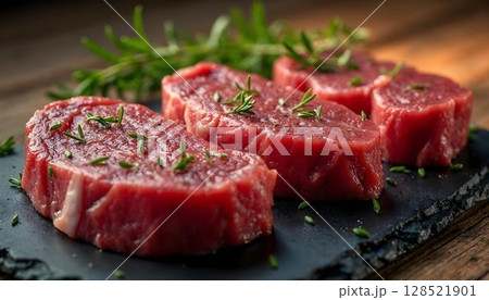 A close-up of three raw beef steaks on a cutting board, surrounded by herbs, capturing the essence of food photography 128521901
