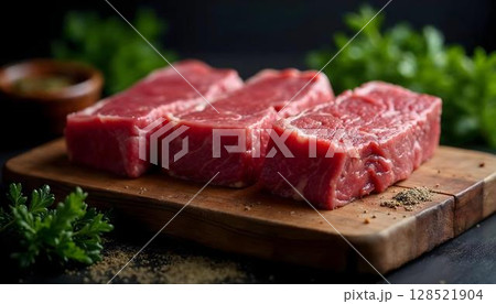 Three raw beef steaks on a cutting board, garnished with fresh herbs, showcasing rich textures in food photography 128521904