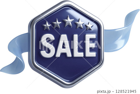 High glossy 3D sale badge with stars and ribbon for promotion 128521945