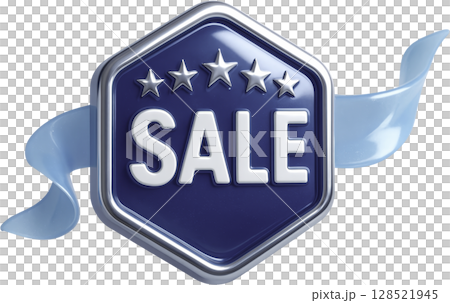High glossy 3D sale badge with stars and ribbon for promotion 128521945
