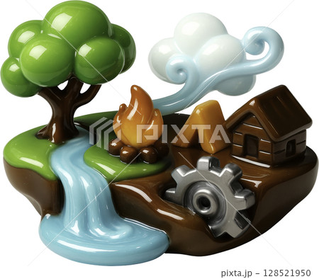 Whimsical 3D nature island diorama with campfire, cabin, and waterfall 128521950