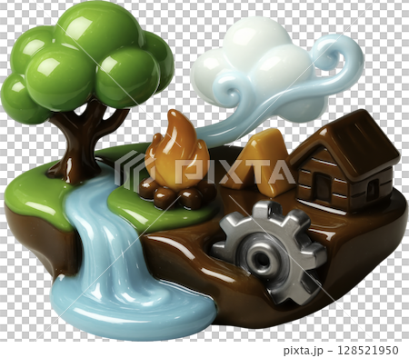 Whimsical 3D nature island diorama with campfire, cabin, and waterfall 128521950