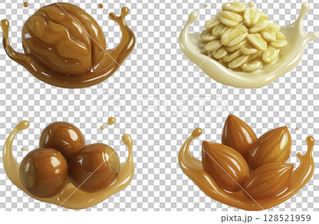 Walnut, almonds, hazelnuts, cereal with creamy milk and caramel splashes 128521959