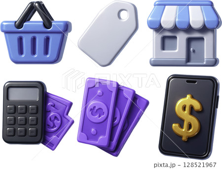 Vibrant 3D icons for e commerce, retail, and digital finance concepts 128521967