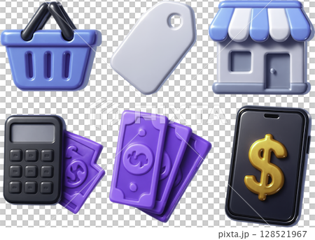 Vibrant 3D icons for e commerce, retail, and digital finance concepts 128521967