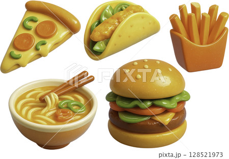 Playful fast food delights, hamburger, pizza, taco, french fries, ramen bowl 128521973