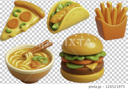 Playful fast food delights, hamburger, pizza, taco, french fries, ramen bowl 128521973