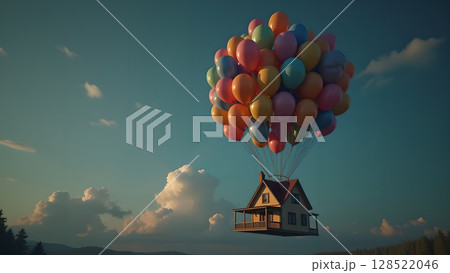 A whimsical house floating amidst the sky with a bunch of balloons providing an uplifting and imaginative perspective on home and adventure 128522046