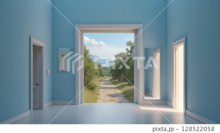 An open doorway overlooking a country road brings the outside in creating a serene calm and minimalist abstract art vision of freedom and hope An open doorway overlooking a country road brings the outside in creating a serene calm and minimalist abstract art vision of freedom and hope 128522058