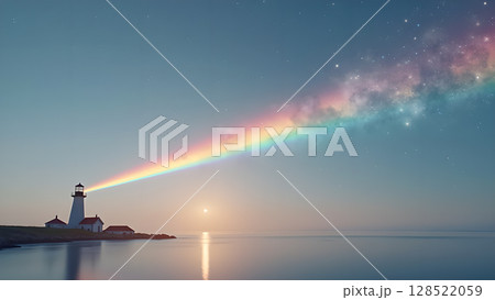 A whimsical lighthouse beams a rainbow of cosmic light across the ocean symbolizing hope inspiration and boundless possibilities creating a celestial bridge in the tranquil twilight A whimsical lighthouse beams a rainbow of cosmic light across the ocean symbolizing hope inspiration and boundless possibilities creating a celestial bridge in the tranquil twilight 128522059