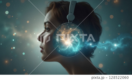 A mesmerizing portrait of a woman with headphones showcasing a cosmic galaxy reflecting the harmony and connection between inner peace and universal energy A mesmerizing portrait of a woman with headphones showcasing a cosmic galaxy reflecting the harmony and connection between inner peace and universal energy 128522060