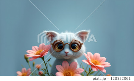Charming whimsical depiction of a cute white kitten wearing glasses amidst blooming pink flowers against a serene blue background creating a heartwarming scene Charming whimsical depiction of a cute white kitten wearing glasses amidst blooming pink flowers against a serene blue background creating a heartwarming scene 128522061