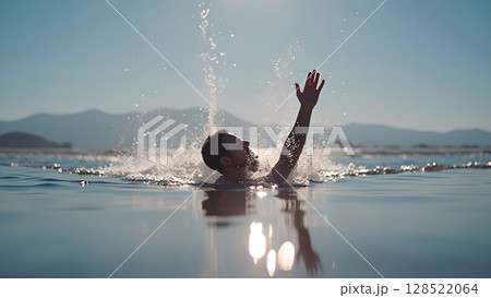Distressed swimmer raising hand in lake water against a clear sky and mountains a representation of challenge and potential drowning requiring urgent assistance 128522064
