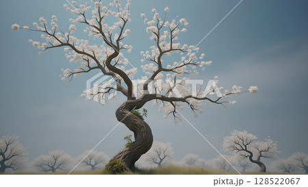 Serene bloom landscape capturing a twisting white flowering tree under a soft blue sky with smaller trees visible in the background evoking tranquility and peace 128522067