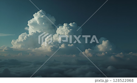 Dramatic sky landscape displaying a striking contrast between dense clouds illuminated by soft light and the deep dark blue sky background creating a sense of serenity Dramatic sky landscape displaying a striking contrast between dense clouds illuminated by soft light and the deep dark blue sky background creating a sense of serenity 128522068