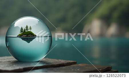 Enchanting miniature island nestled within a pristine water globe representing conservation ecological harmony and environmental awareness with natural backdrop evokes peace 128522073