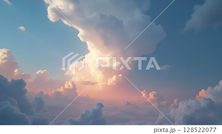 Majestic cloudscape at sunset featuring vibrant pastel colors and soft light creating a serene atmosphere with fluffy cotton like clouds Majestic cloudscape at sunset featuring vibrant pastel colors and soft light creating a serene atmosphere with fluffy cotton like clouds 128522077